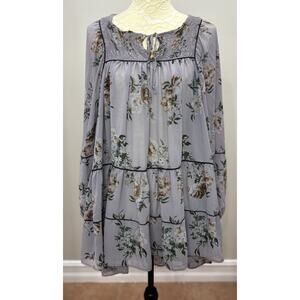Womens Medium Violet Purple Floral Tiered Mini Peasant Dress Cottagecore Sheer